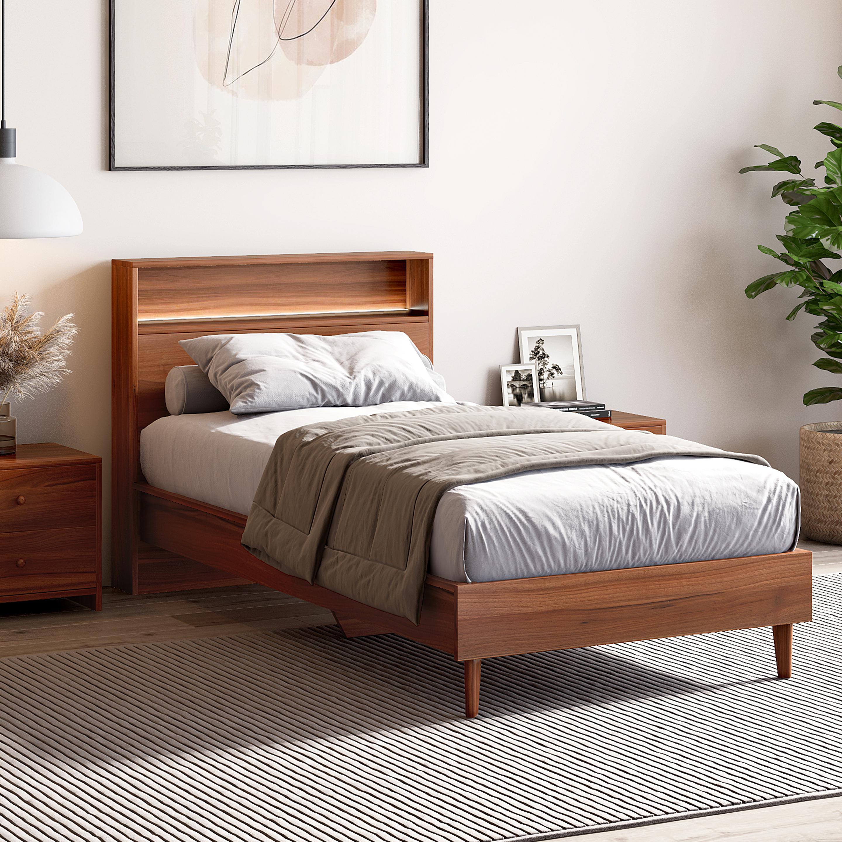 Alister Single Size Bed in Walnut Finish with LED Light