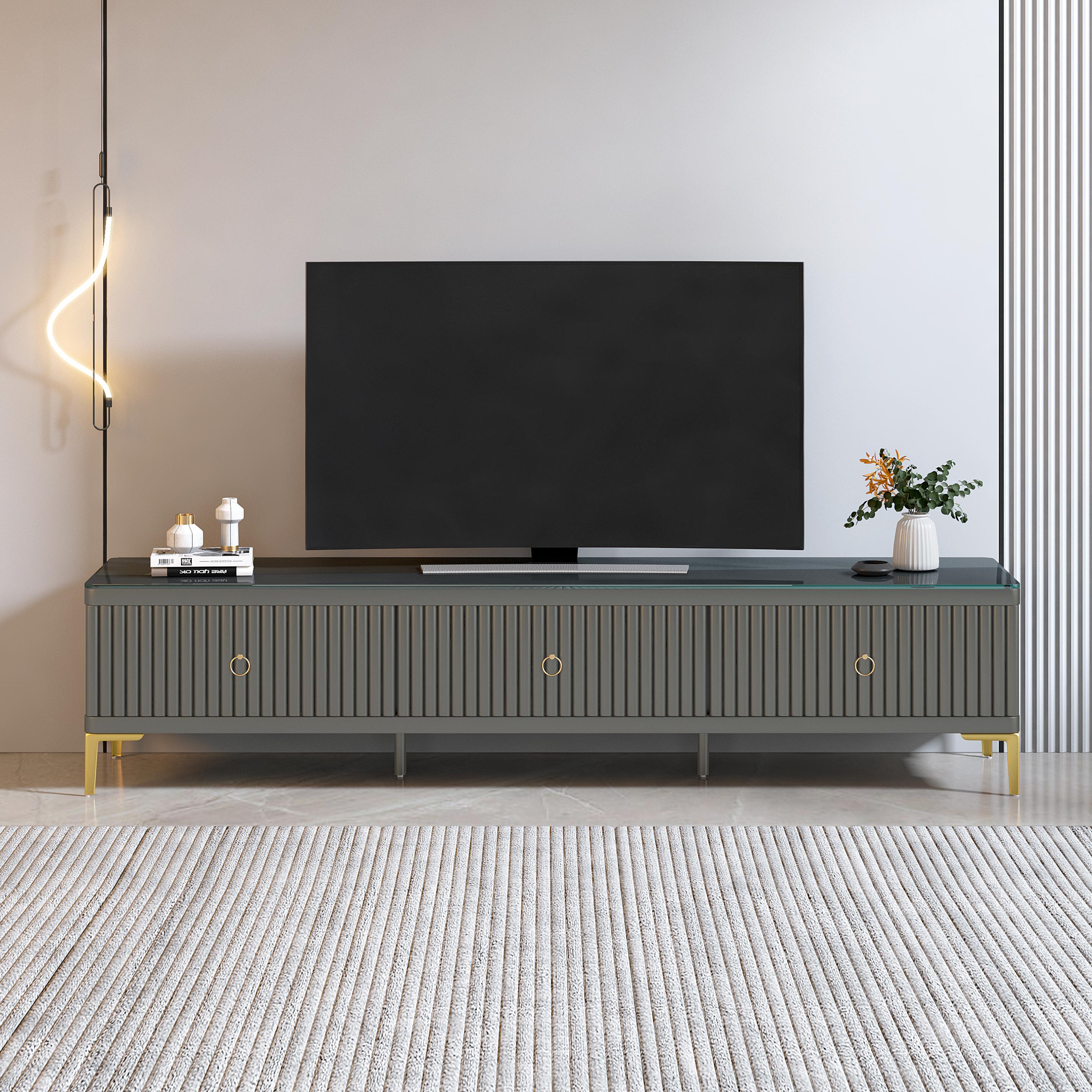 Charlotte Glass TV Unit in Grey with Fluted Detail
