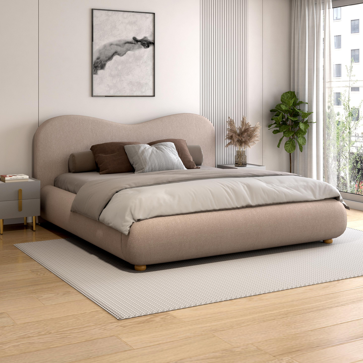 Ripple Curved Upholstered Low-Profile Queen Size Bed