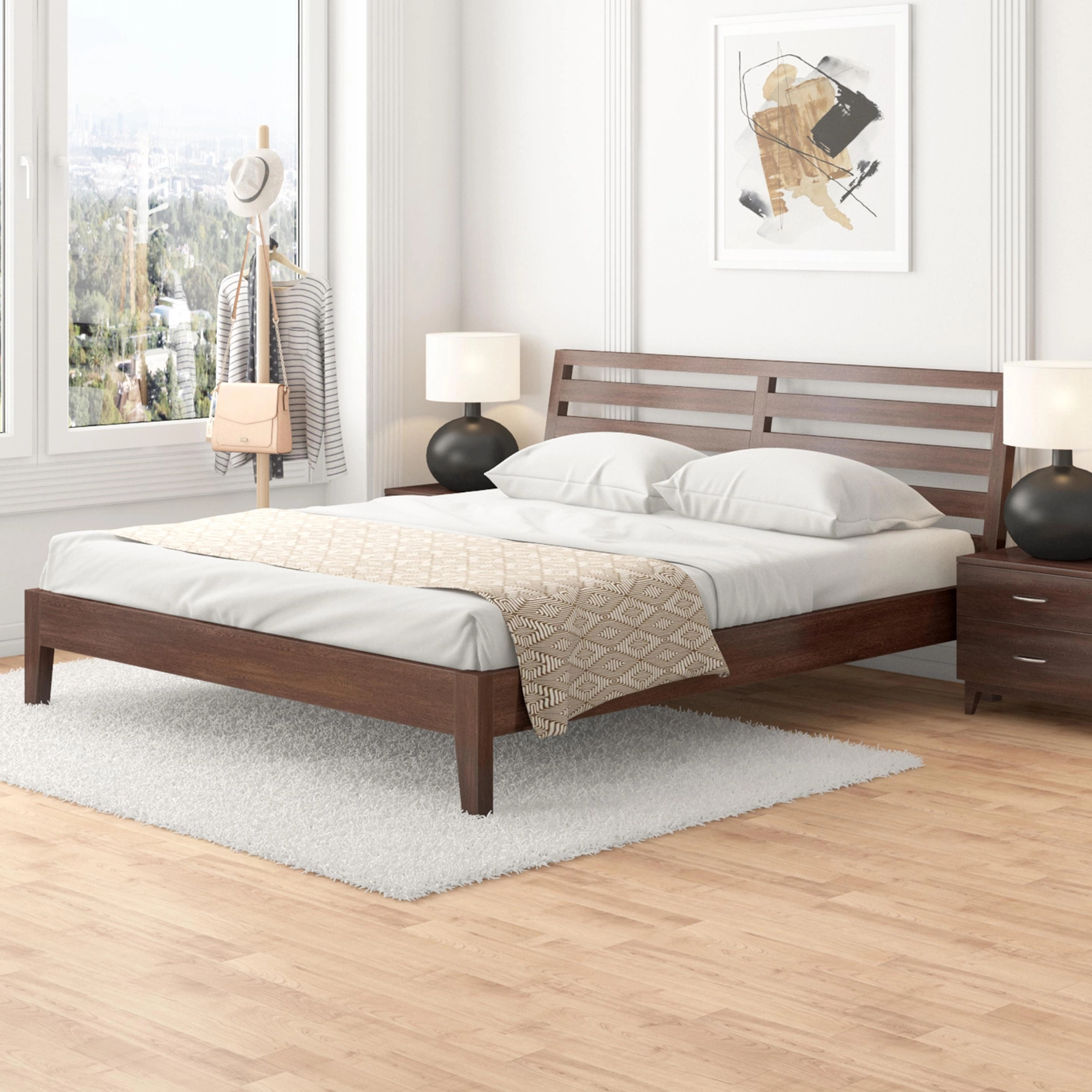 Fern Solid Wood Queen Size Bed in Walnut Finish
