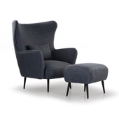 Lindsey Fabric Lounge Chair In Smoke Blue with Foot Stool