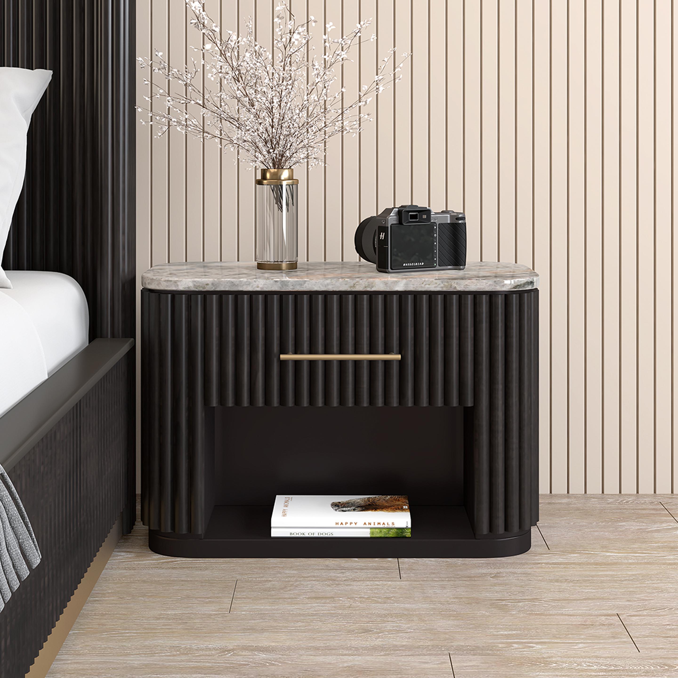 Opus Natural Stone Bed Side Table with Fluted Detail