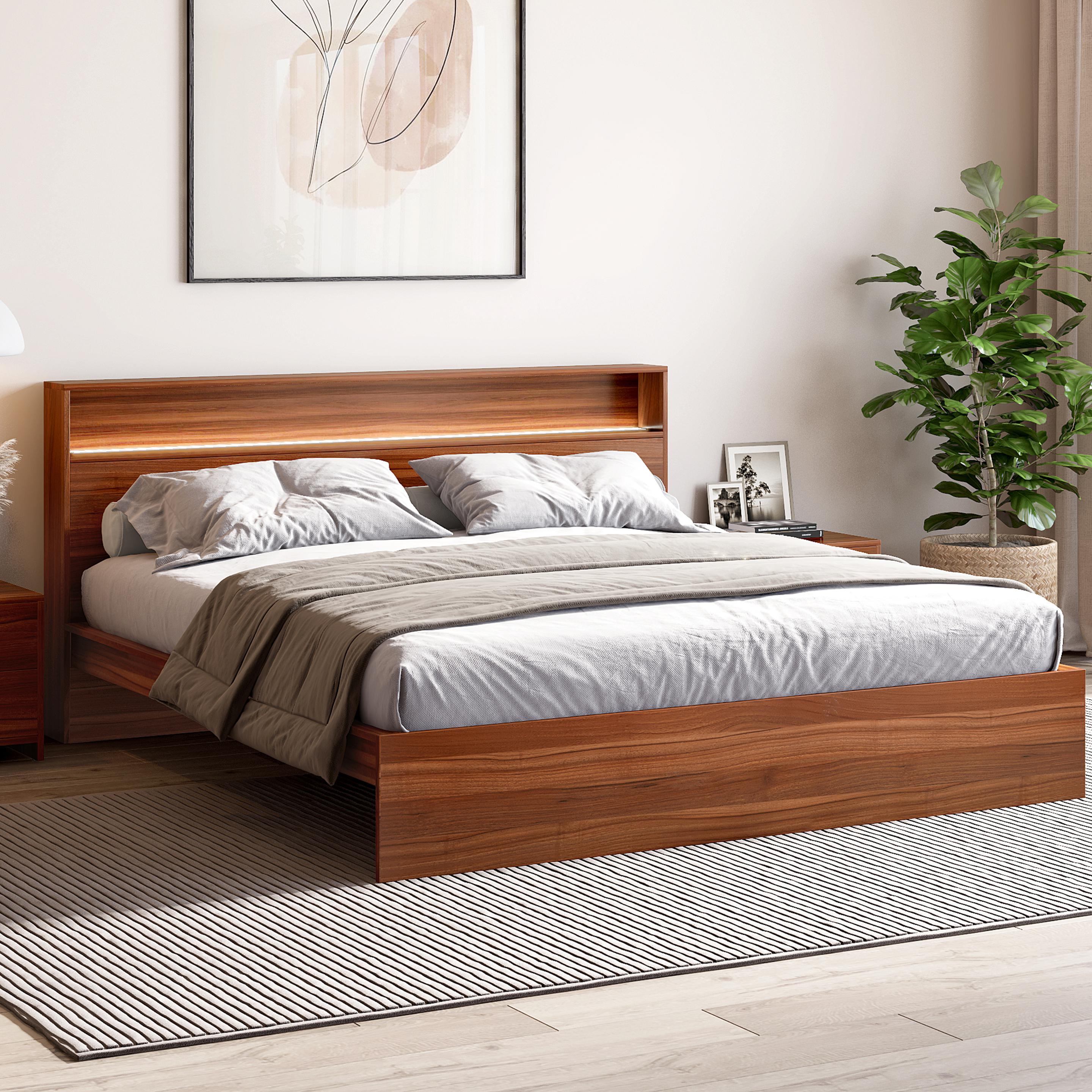 Alister King Size Bed in Walnut Finish with LED Light