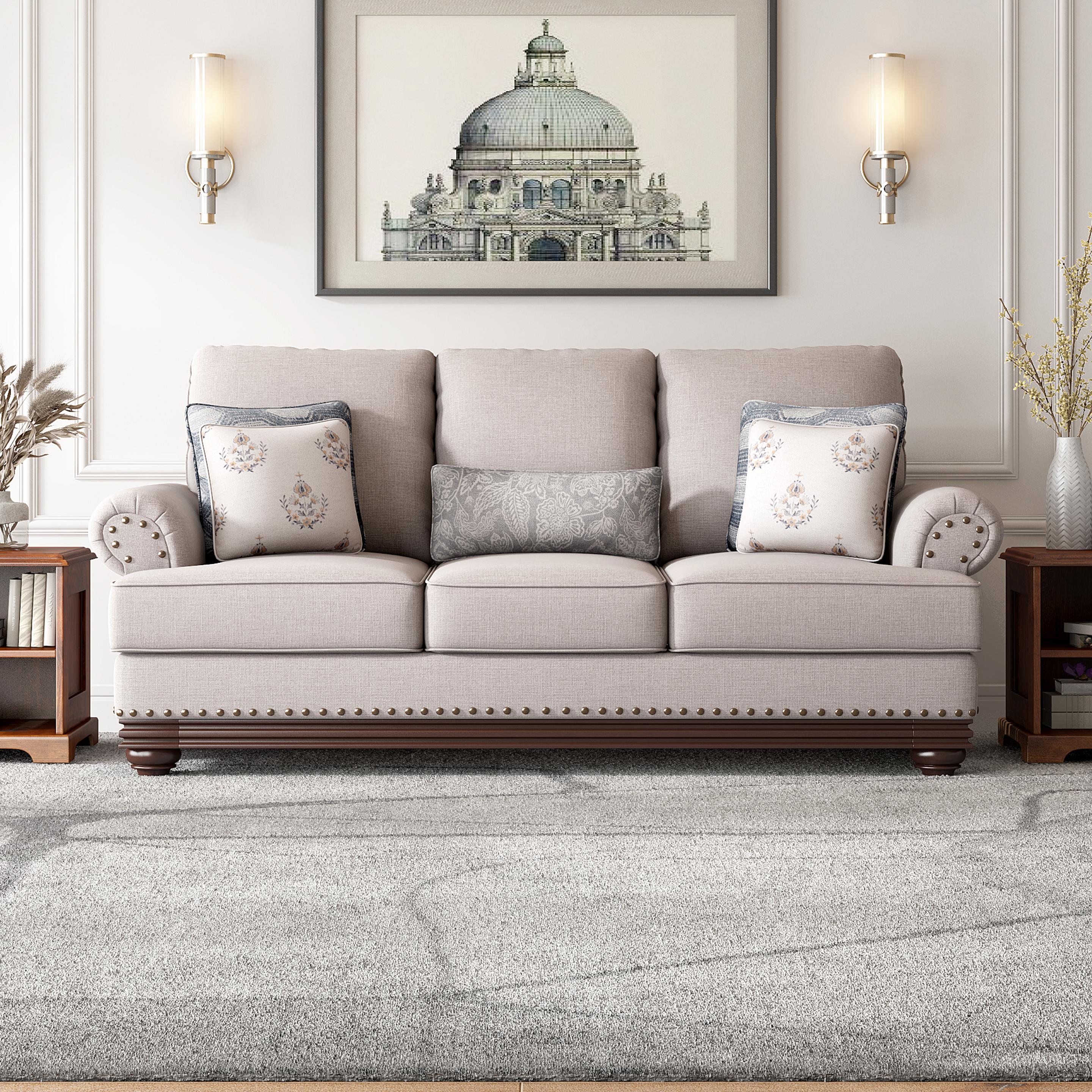 Lewis Linen 3 Seater Rolled Arms Sofa in Beige
