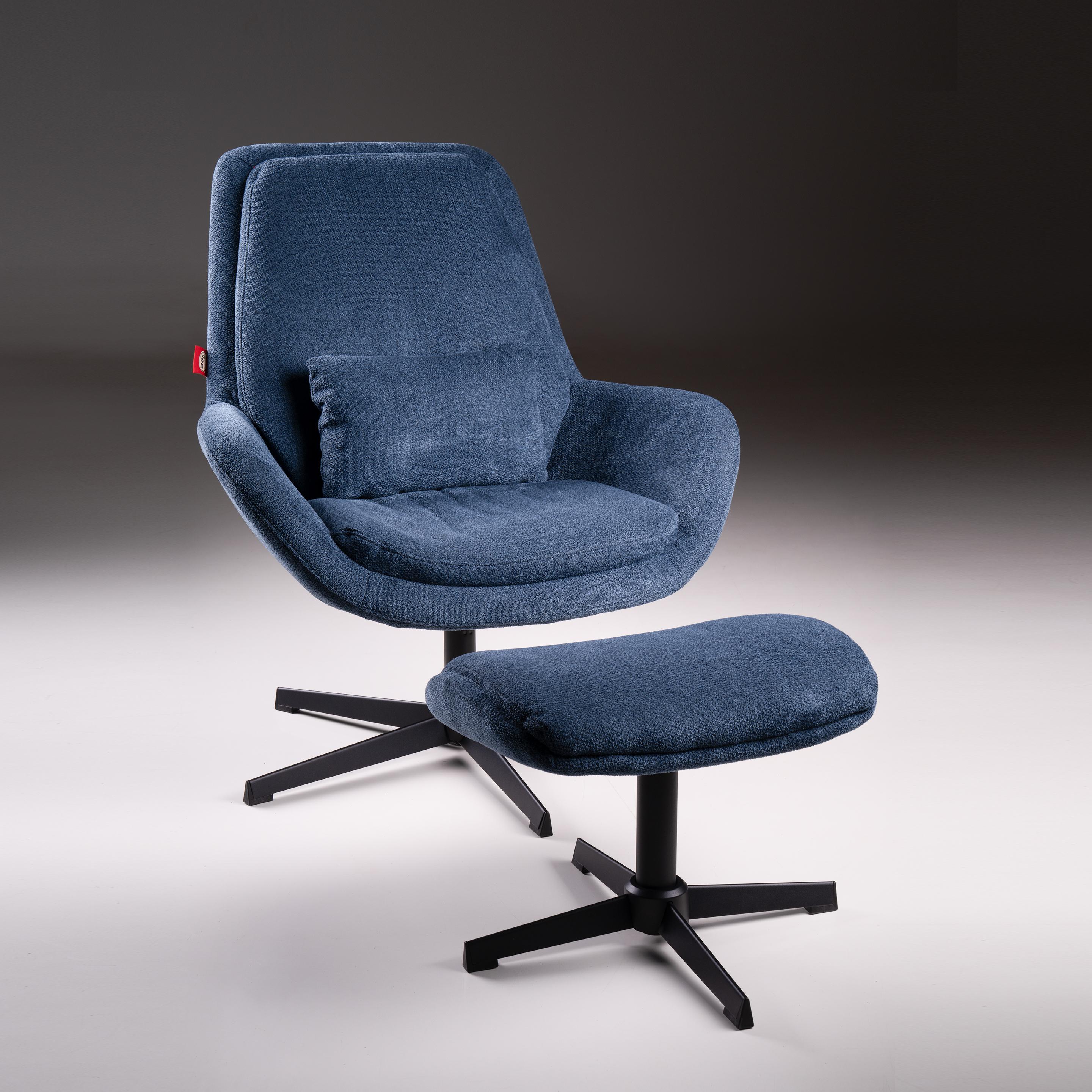 Adrina Fabric Lounge Chair In Dark Blue with Foot Stool